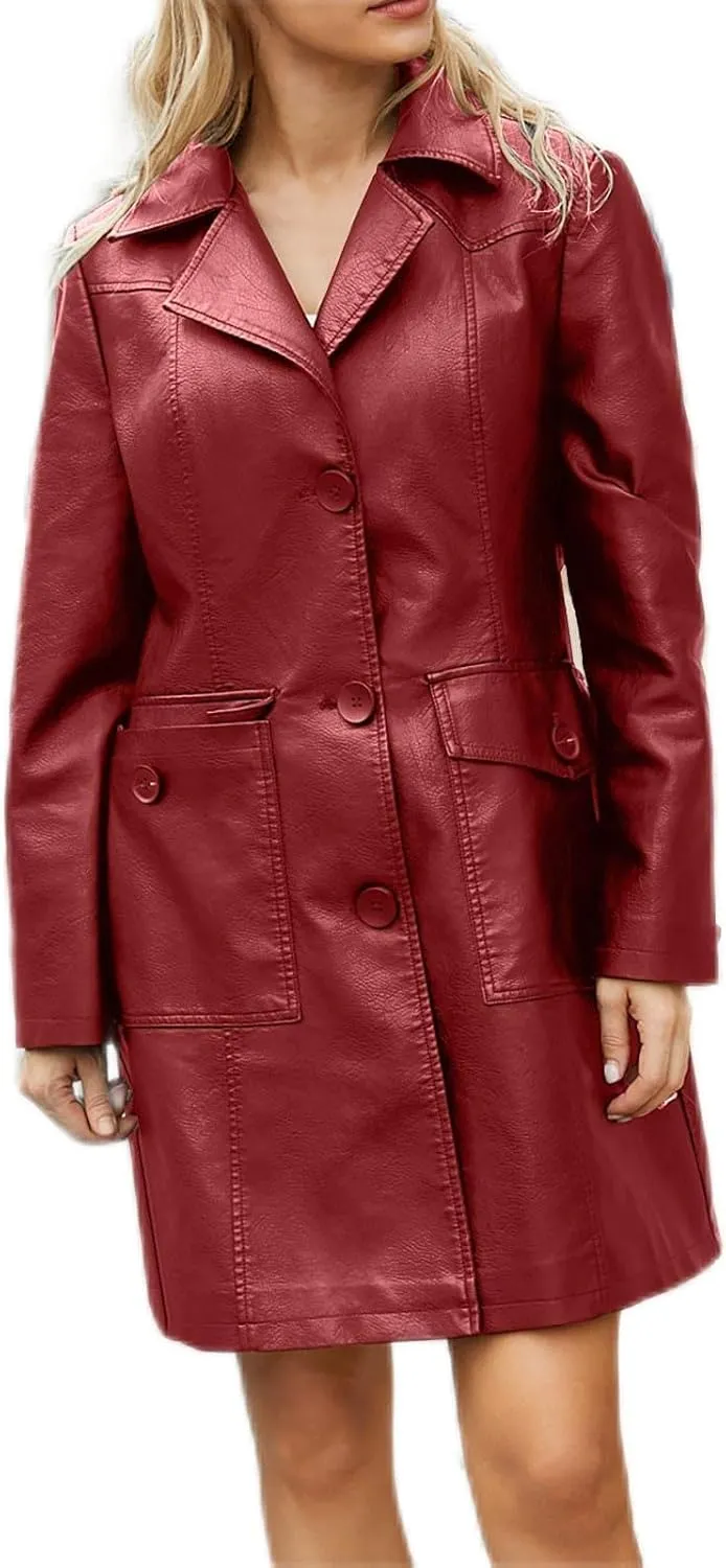 maisdgop Pea Coats for Women Faux Leather Trench Coats 2024 Fashion Fall Winter Single Breasted Long Jacket with Pockets