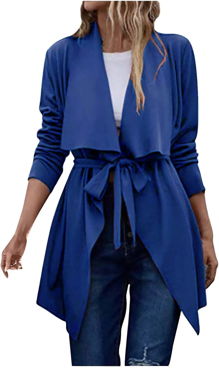 maisdgop Trench Coats for Women Long Sleeve V-Neck Windbreaker Fashion Belted Solid Peacoats Winter Tether Waist Overcoat