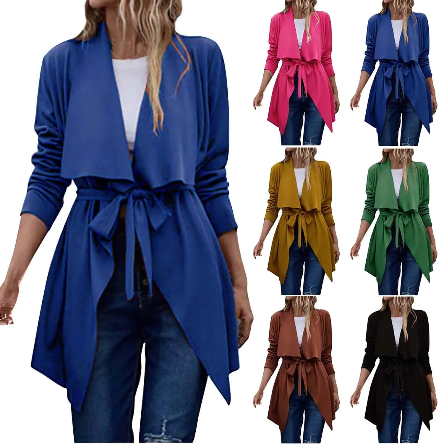 maisdgop Trench Coats for Women Long Sleeve V-Neck Windbreaker Fashion Belted Solid Peacoats Winter Tether Waist Overcoat