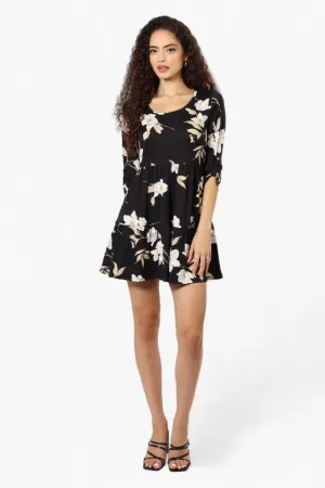 Majora Floral Scoop Neck Roll Up Sleeve Day Dress - Black