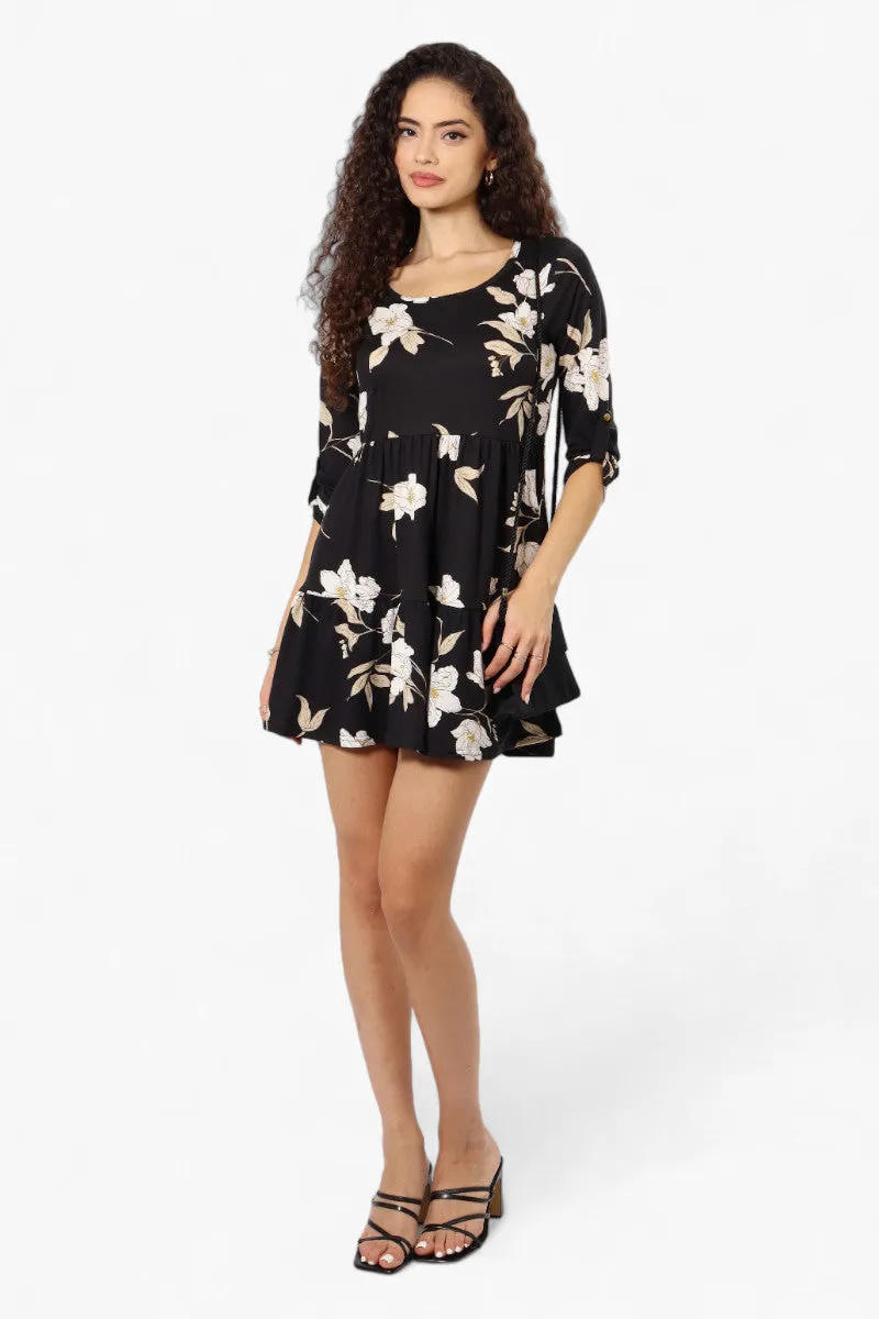 Majora Floral Scoop Neck Roll Up Sleeve Day Dress - Black