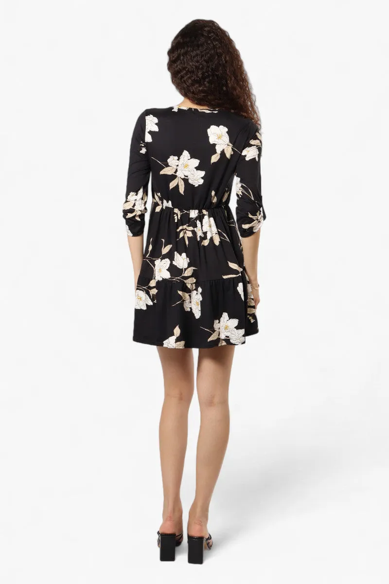 Majora Floral Scoop Neck Roll Up Sleeve Day Dress - Black