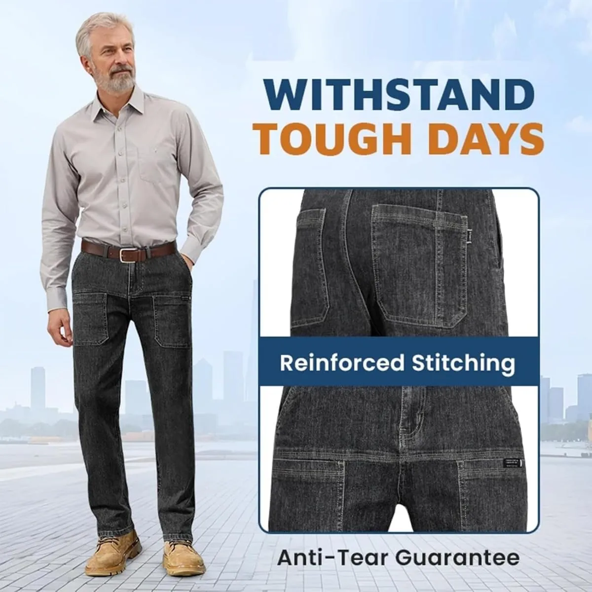 Mecutie Jeans,Comfortable Multi-Pocket High Cargo Jeans, Men's Relaxed Fit Cargo Jeans Denim Cargo Pants