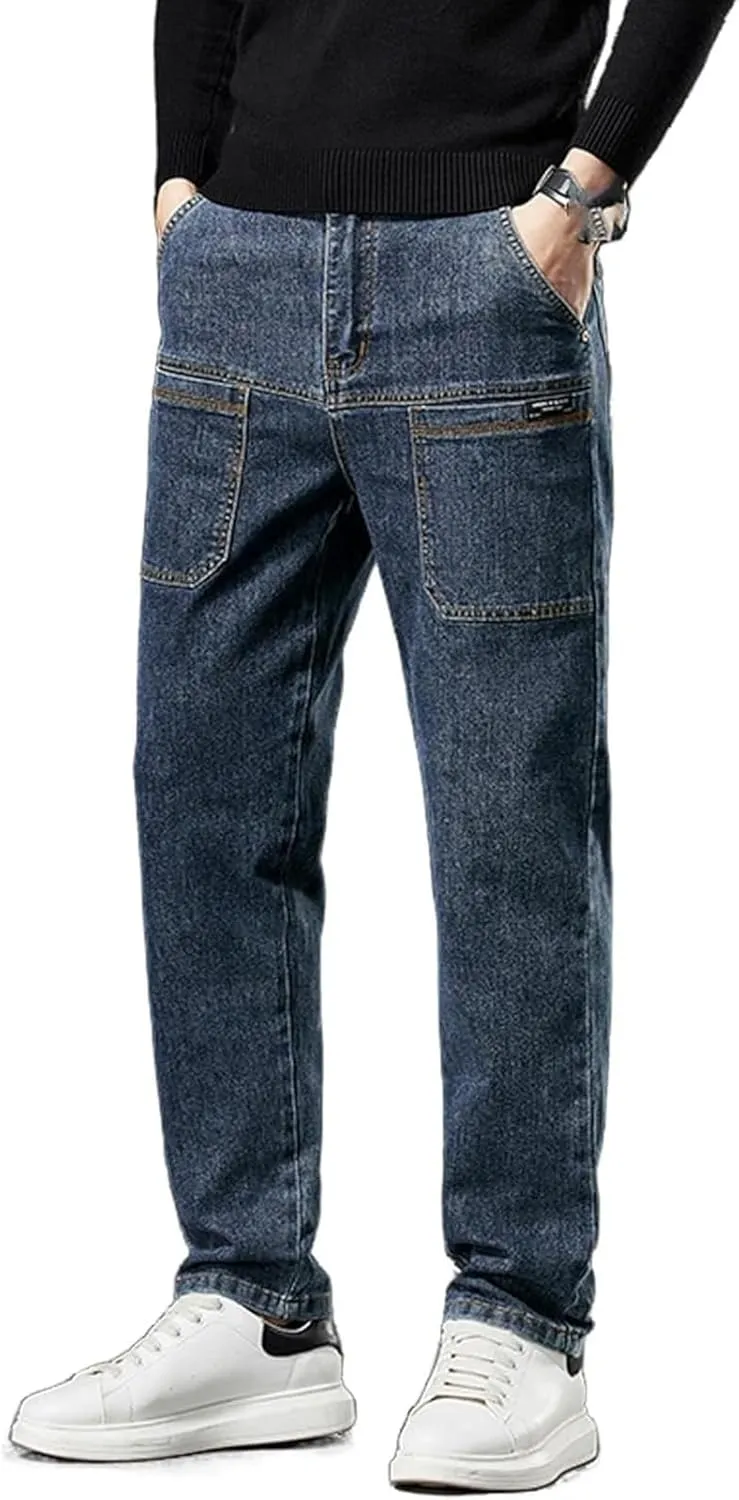Mecutie Jeans,Comfortable Multi-Pocket High Cargo Jeans, Men's Relaxed Fit Cargo Jeans Denim Cargo Pants