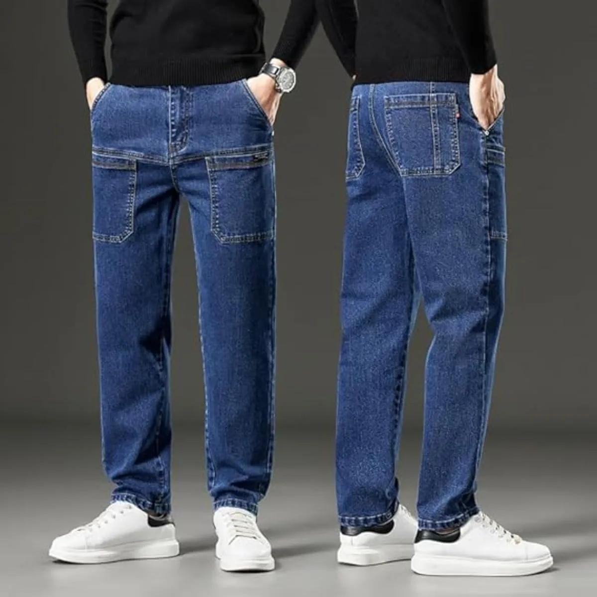 Mecutie Jeans,Comfortable Multi-Pocket High Cargo Jeans, Men's Relaxed Fit Cargo Jeans Denim Cargo Pants