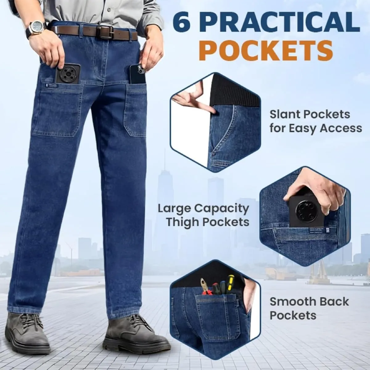 Mecutie Jeans,Comfortable Multi-Pocket High Cargo Jeans, Men's Relaxed Fit Cargo Jeans Denim Cargo Pants