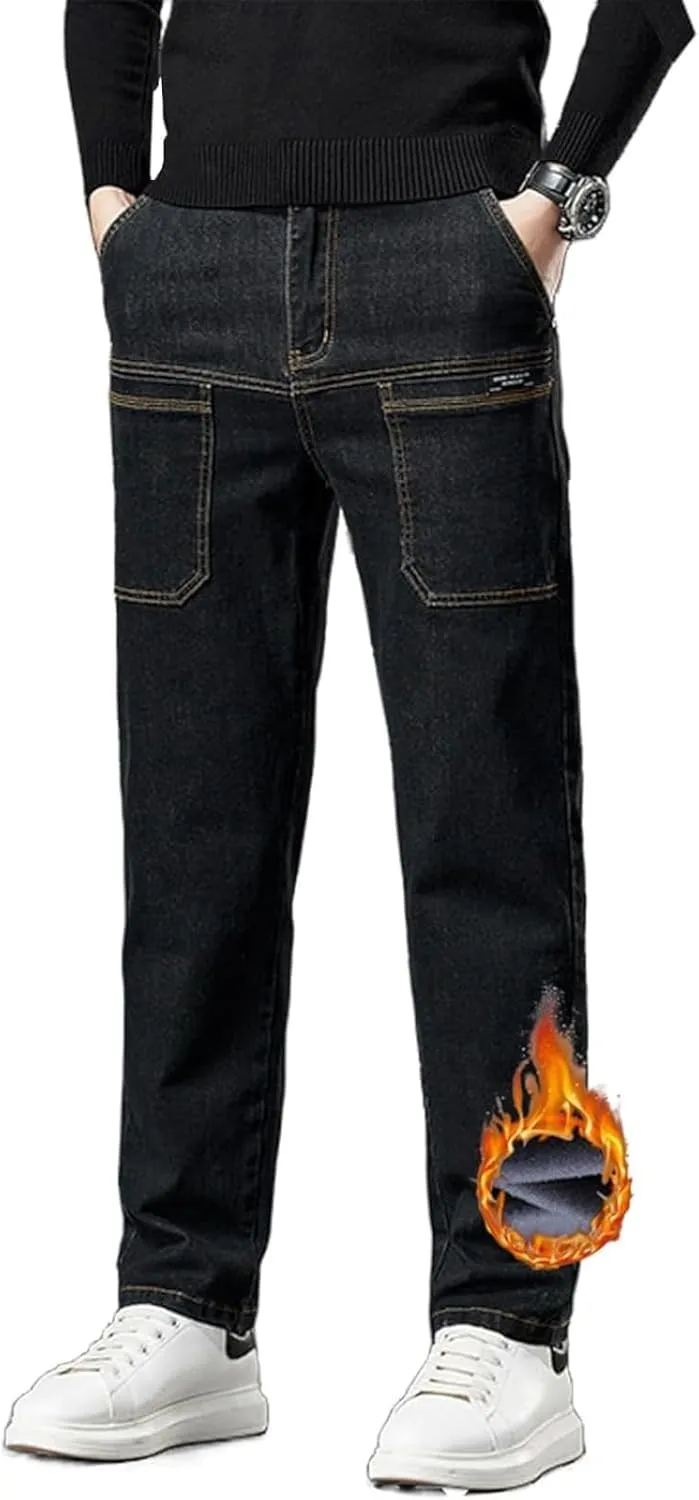 Mecutie Jeans,Comfortable Multi-Pocket High Cargo Jeans, Men's Relaxed Fit Cargo Jeans Denim Cargo Pants