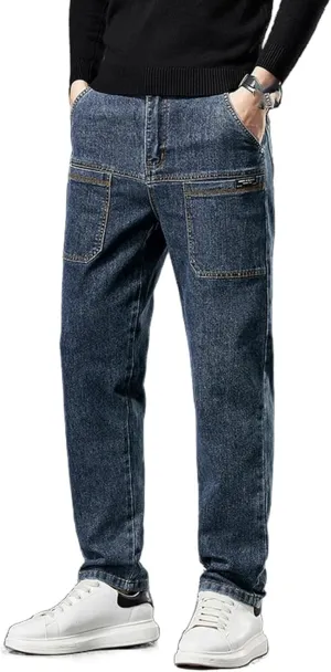 Mecutie Jeans,Comfortable Multi-Pocket High Cargo Jeans, Men's Relaxed Fit Cargo Jeans Denim Cargo Pants