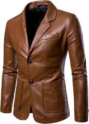 Men Blazer Moto Jacket Faux Leather Motorcycle Biker Jacket Coat Classic Buttoned Collar Keep Warm Winter Windbreaker