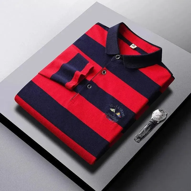 Men Cotton Embroidered Striped Polo