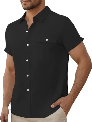 Men Cotton Linen Guayabera Shirts Casual Short Sleeve Button Down Work Shirt Solid Color Business Office Dress Tops