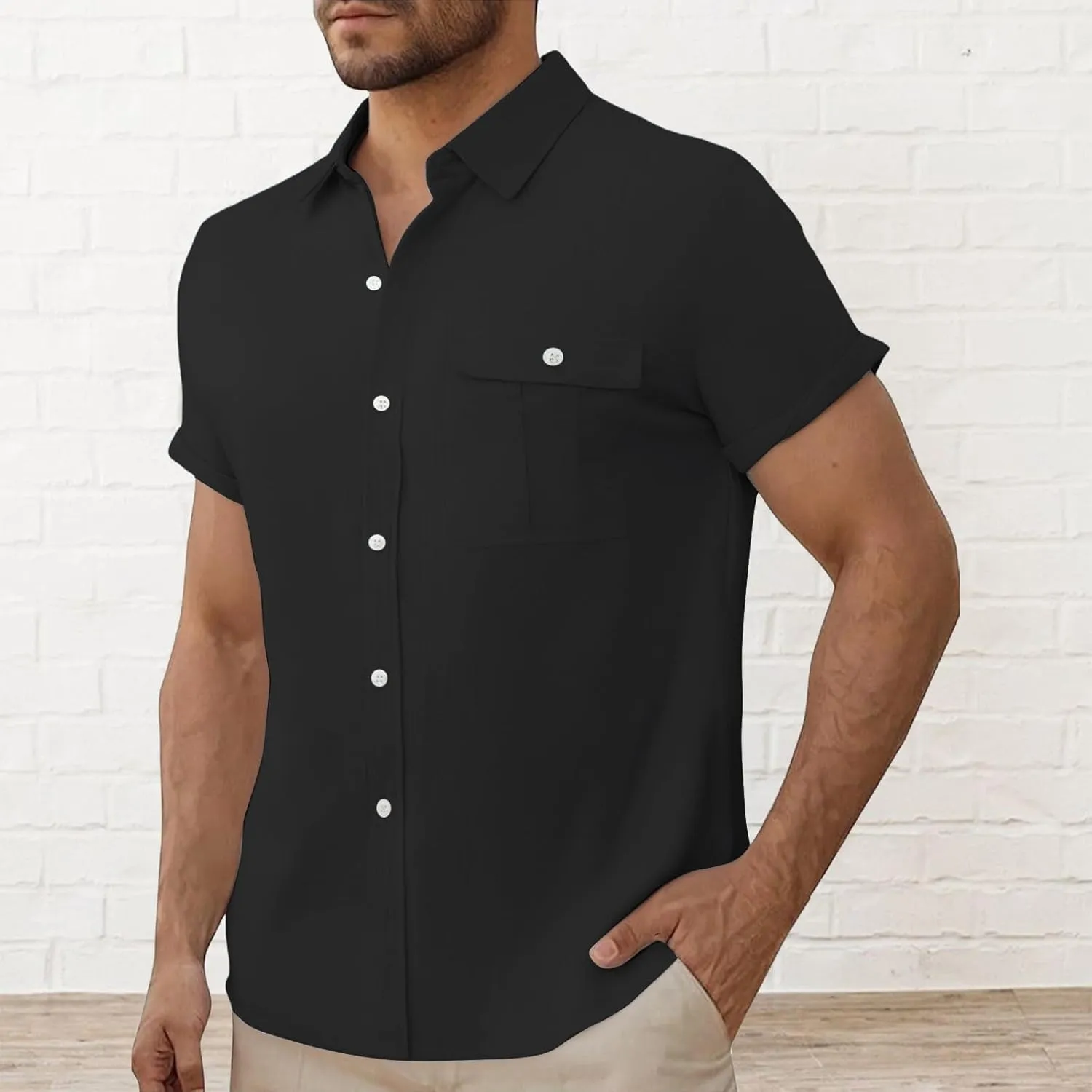 Men Cotton Linen Guayabera Shirts Casual Short Sleeve Button Down Work Shirt Solid Color Business Office Dress Tops