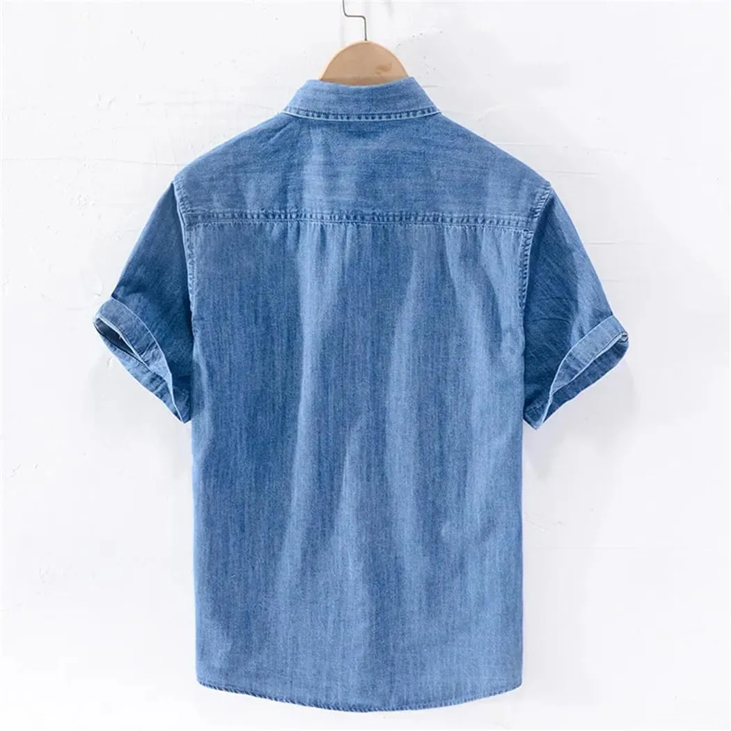 Men Denim Shirt Summer Thin Half Sleeve Casual T-Shirt Tops Loose Trendy Camping Denim Shirts Jacket