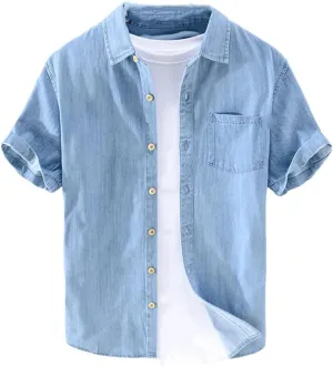 Men Denim Shirt Summer Thin Half Sleeve Casual T-Shirt Tops Loose Trendy Camping Denim Shirts Jacket