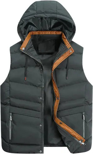 Men Outdoor Quilted Winter Puffer Vest Thicken Warm Cotton Coat Sleeveless Hooded Jacket Padded Vest Puffy Vest Men