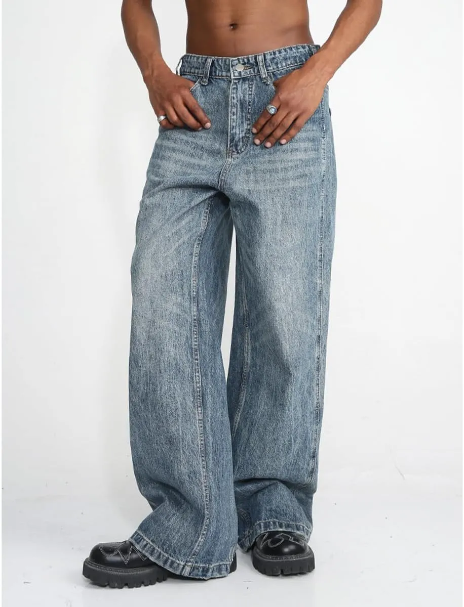 Men Straight Fit Relaxed Fit Stretch Jeans Lightweight Washed Wide Leg Jeans