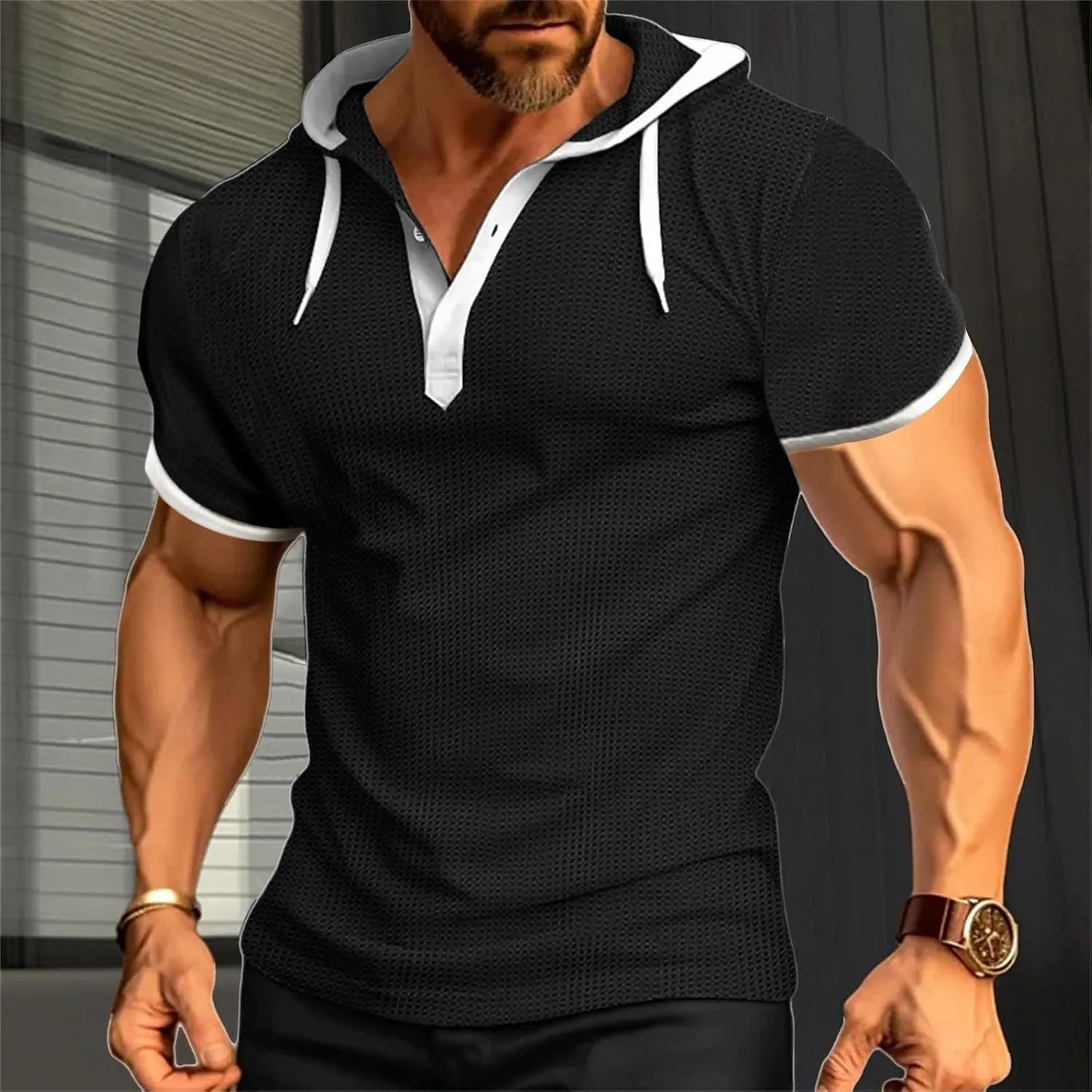 Men Waffle Hooded Tank Tops Bodybuilding Gym Sleeveless Workout Shirts Trendy Athletic Lounge Training Running Shirt