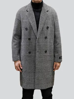 Men's Autumn Double-Breasted Lapel Checked Midi Woolen Coat