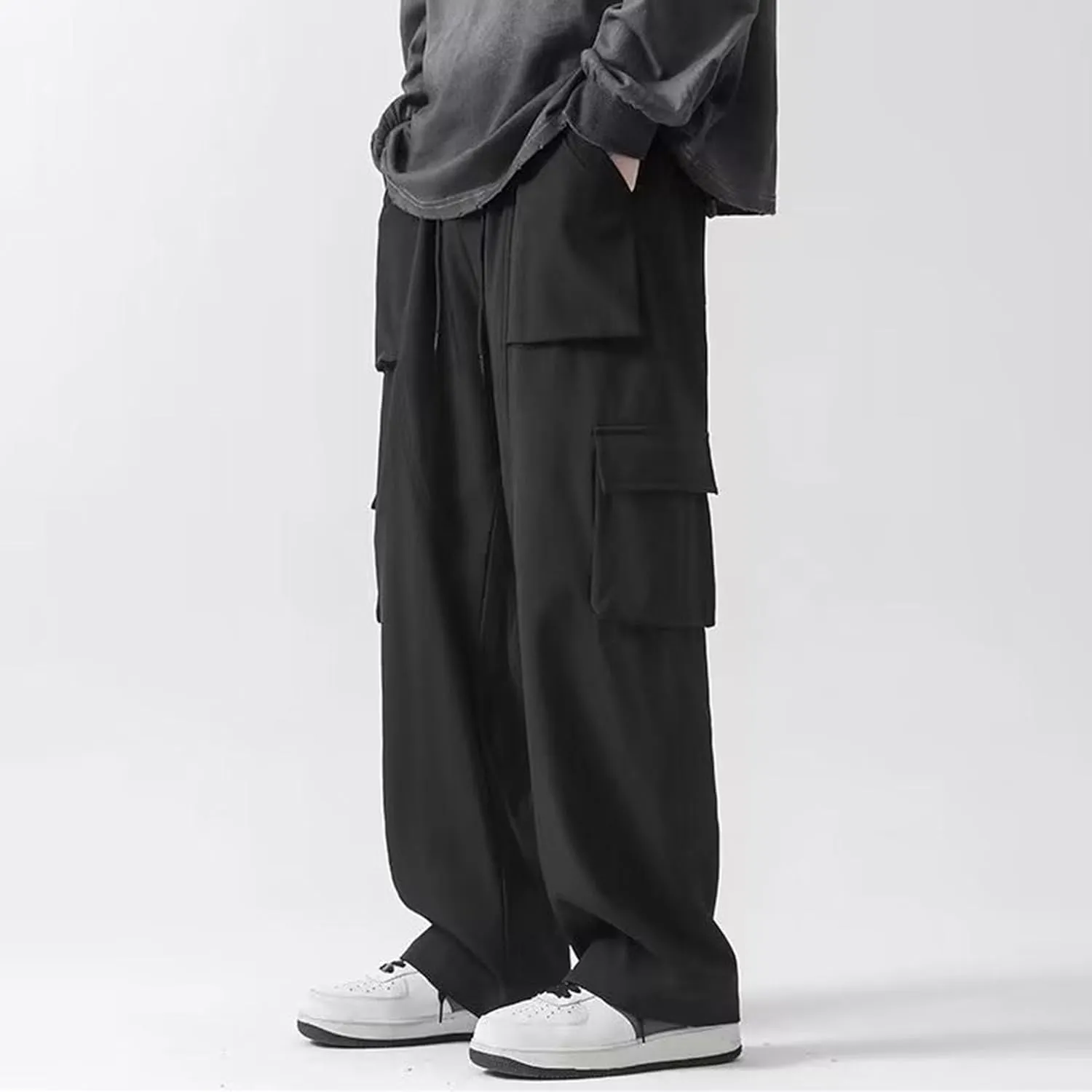 Men's Baggy Straight Leg Casual Pants Drawstring Loose Fit Casual Pants Outdoor Hiking Cargo Trousers