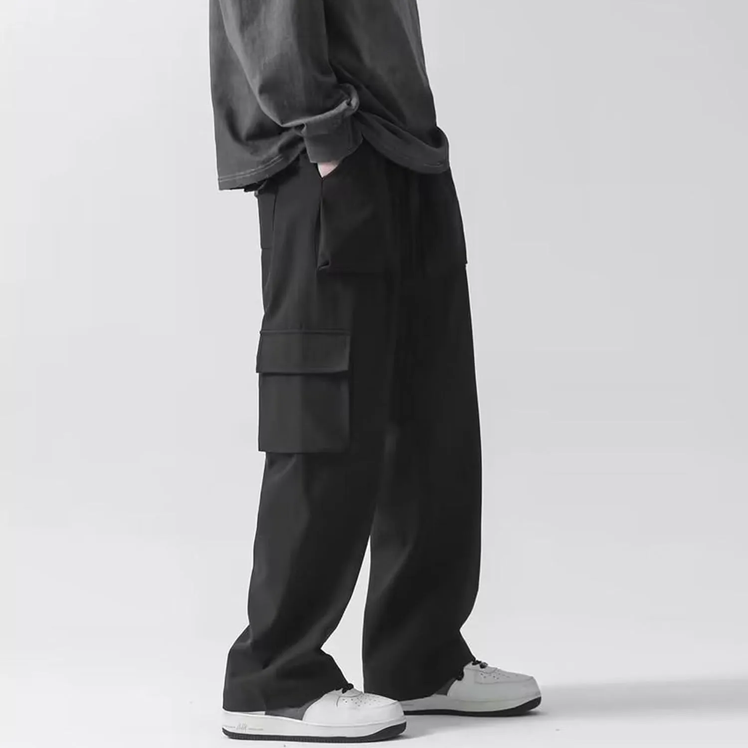 Men's Baggy Straight Leg Casual Pants Drawstring Loose Fit Casual Pants Outdoor Hiking Cargo Trousers