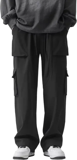 Men's Baggy Straight Leg Casual Pants Drawstring Loose Fit Casual Pants Outdoor Hiking Cargo Trousers