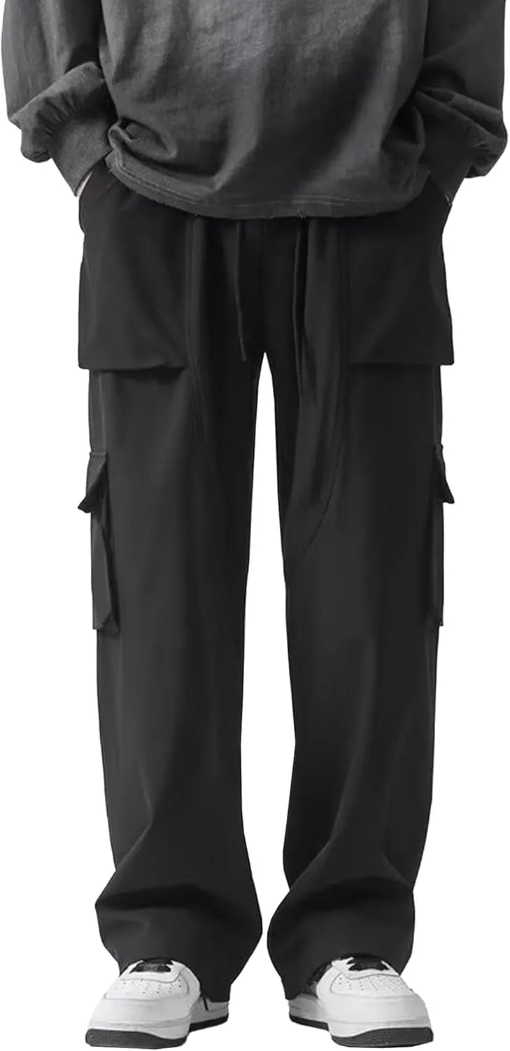 Men's Baggy Straight Leg Casual Pants Drawstring Loose Fit Casual Pants Outdoor Hiking Cargo Trousers