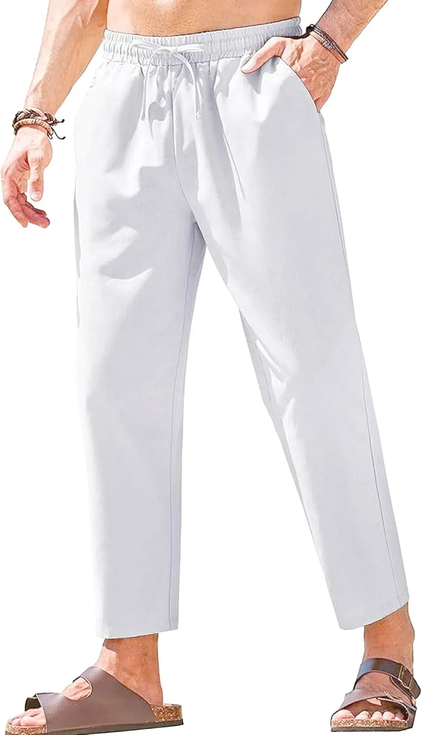 Men's Basic Cotton Liene Loose Fit Pants Elasitc Waist Lightweight Summer Trousers Casual Solid Yoga Beach Pants