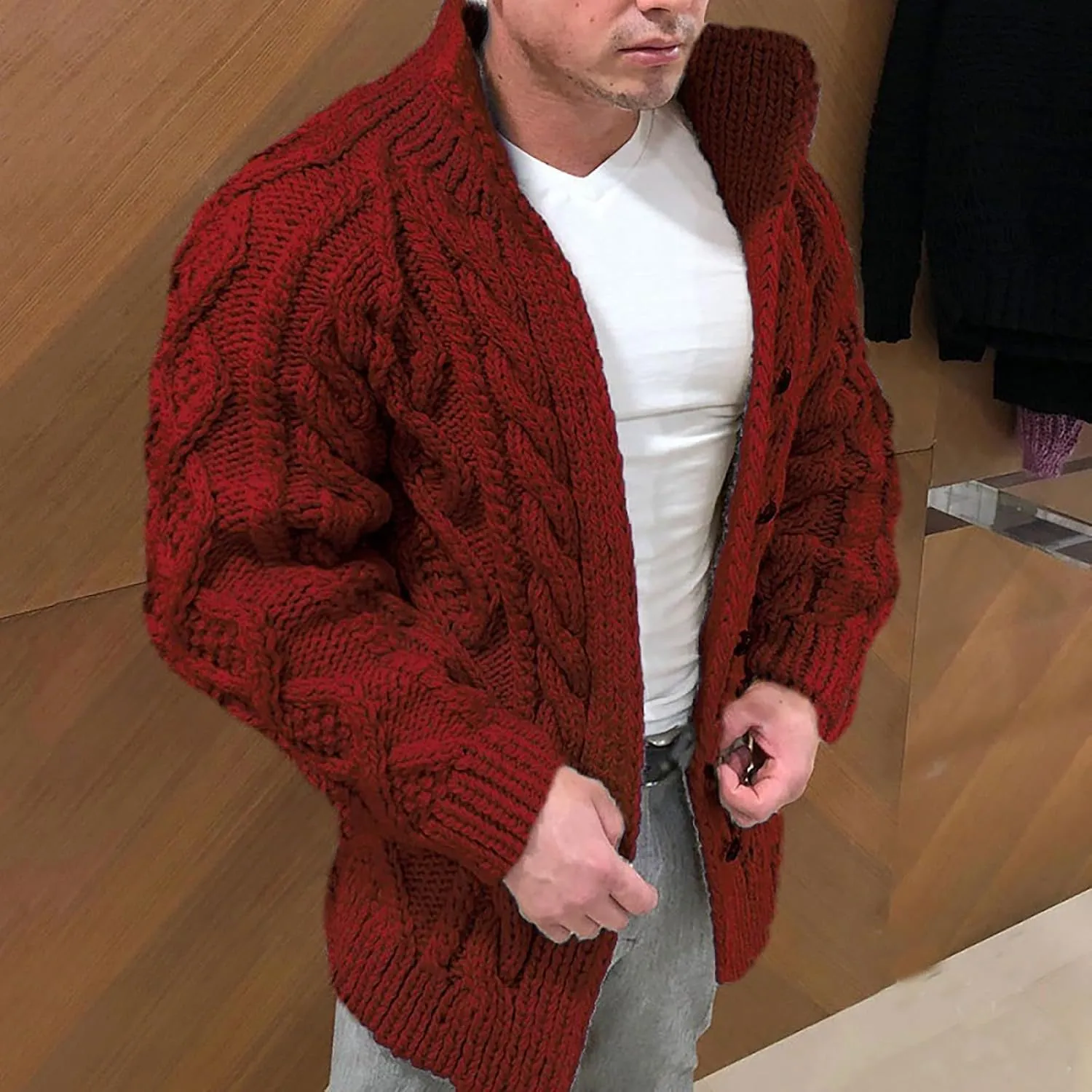 Mens Big And Tall Sweater Hatless Zipper Stand Up Collar Warm Cardigan Knitted Coat Pollo Jackets For Men black long