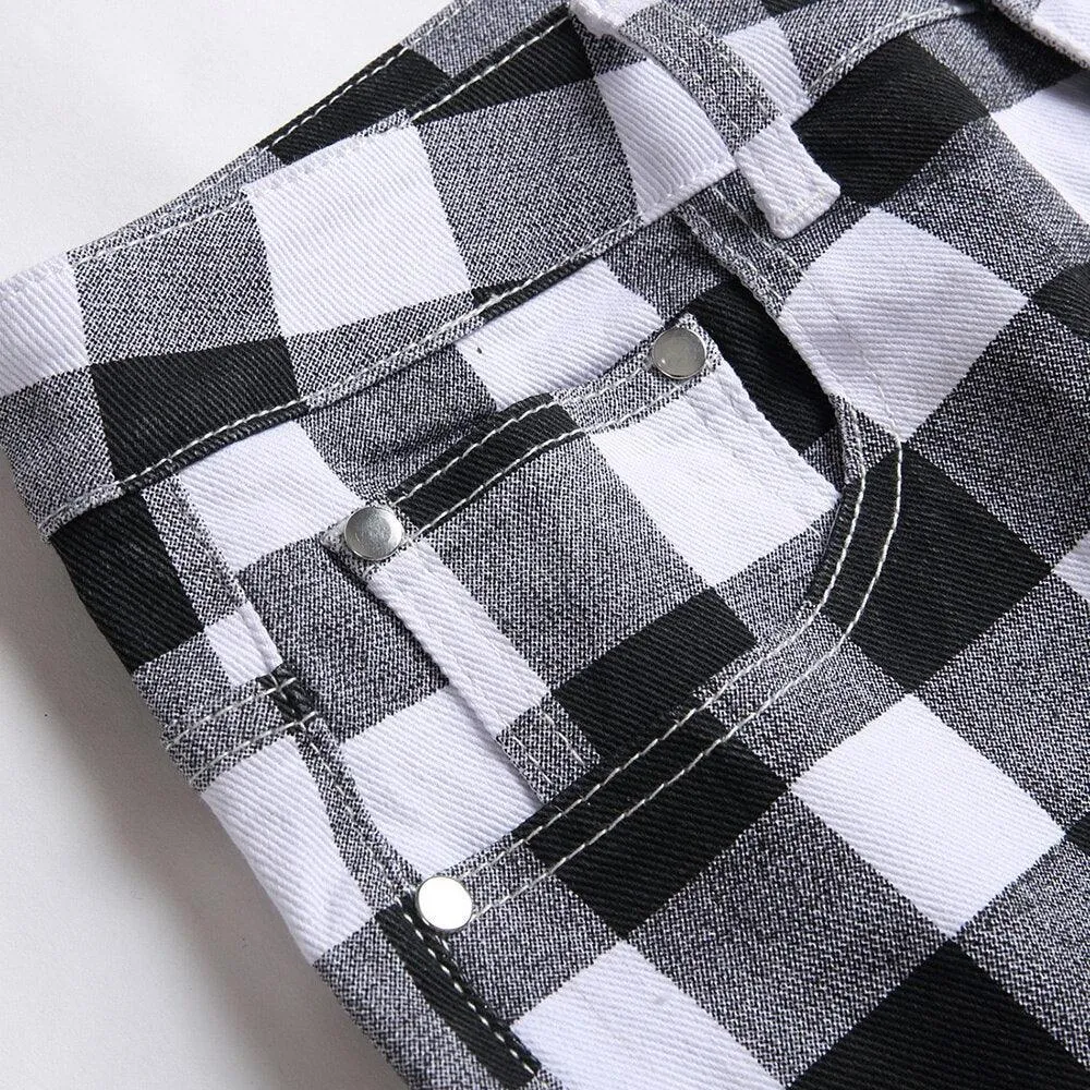 Mens Black And White Plaid Printed Jeans Straight Leg