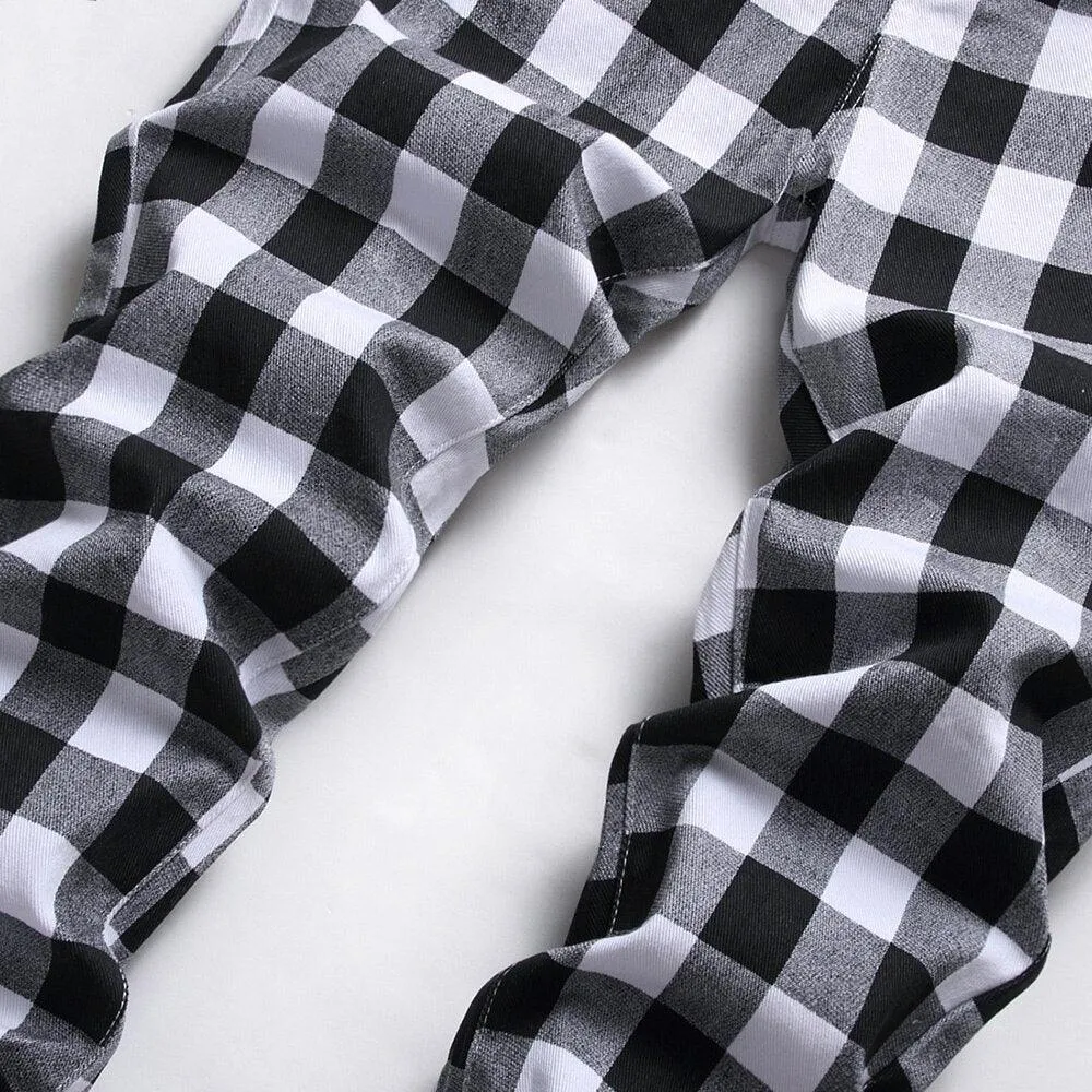 Mens Black And White Plaid Printed Jeans Straight Leg