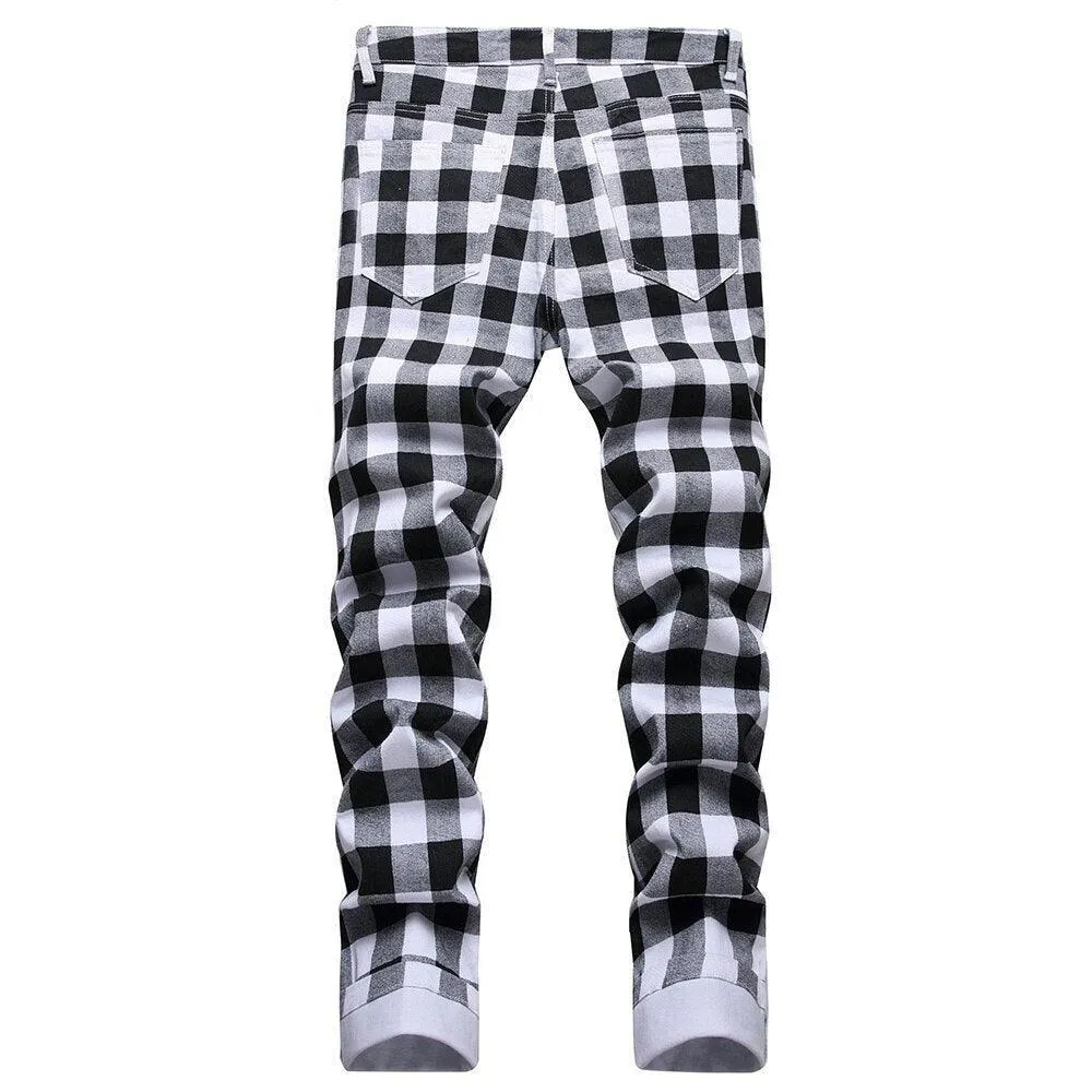 Mens Black And White Plaid Printed Jeans Straight Leg