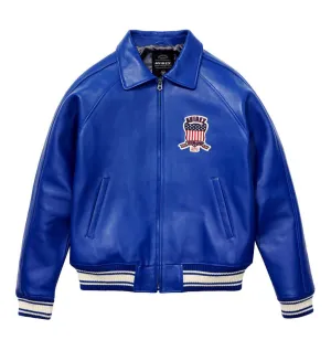 Mens Blue Avirex Icon Leather Bomber Jacket