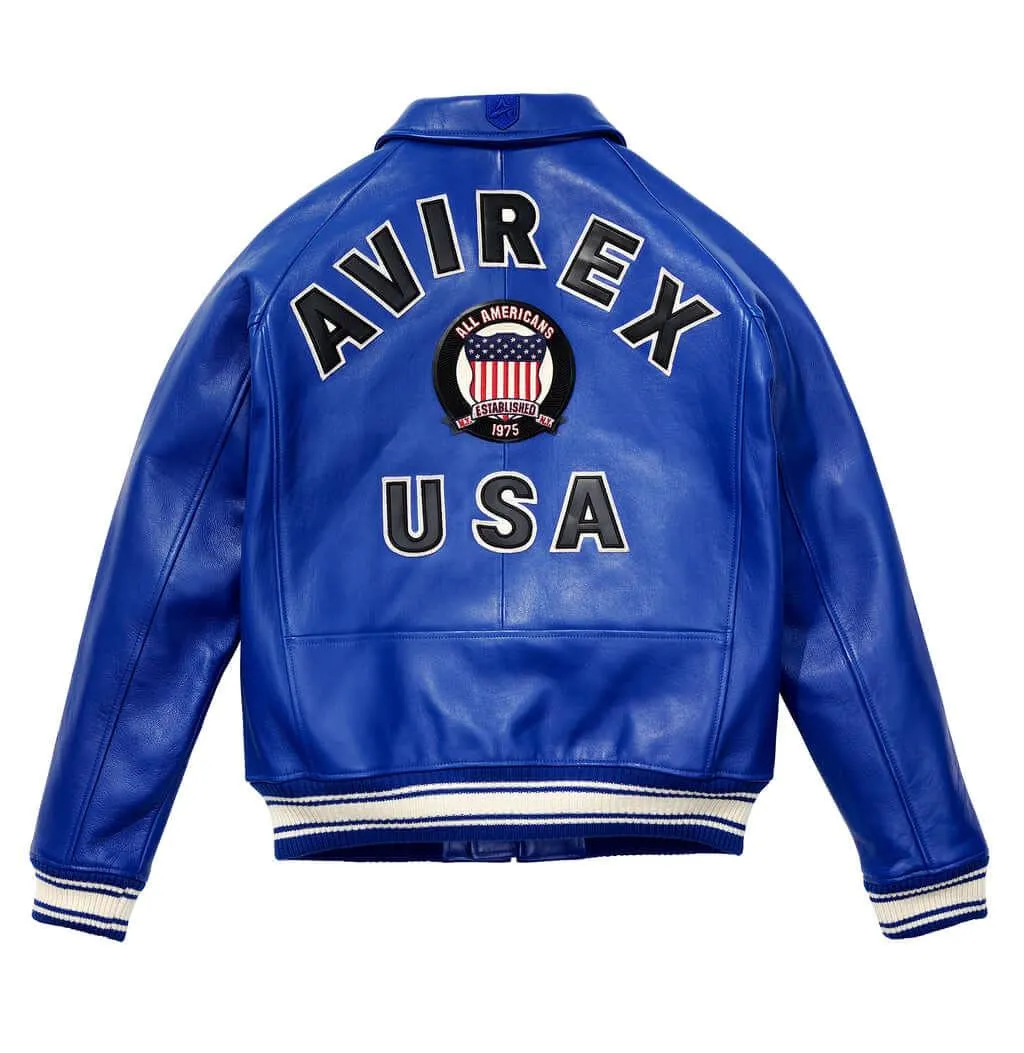 Mens Blue Avirex Icon Leather Bomber Jacket