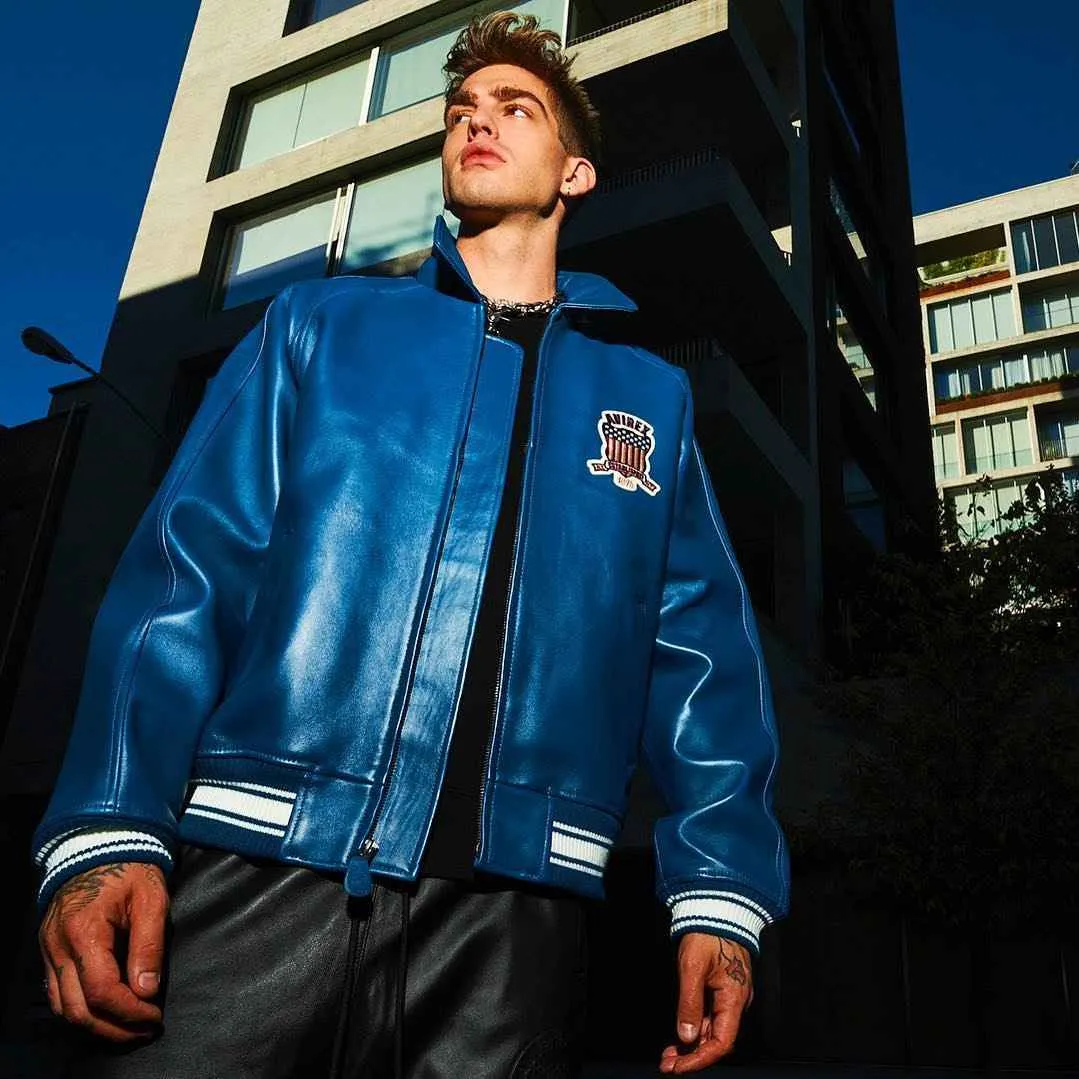 Mens Blue Avirex Icon Leather Bomber Jacket