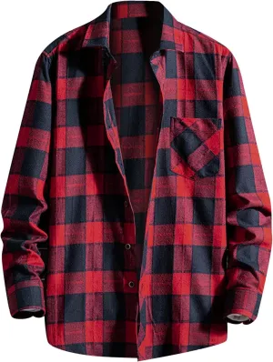 Men's Buffalo Plaid Shirts Brush Cotton Tartan Lumberjack Coat Long-Sleeve Checked Casual Colorblock Over Shirts