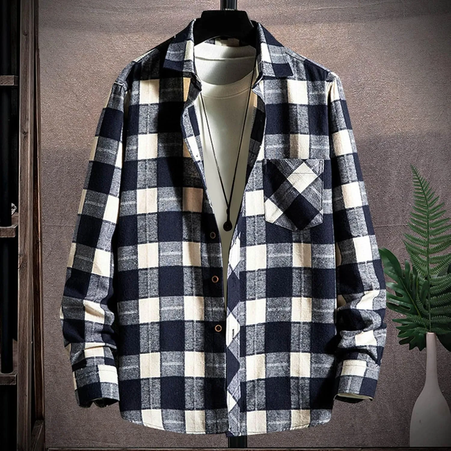 Men's Buffalo Plaid Shirts Brush Cotton Tartan Lumberjack Coat Long-Sleeve Checked Casual Colorblock Over Shirts