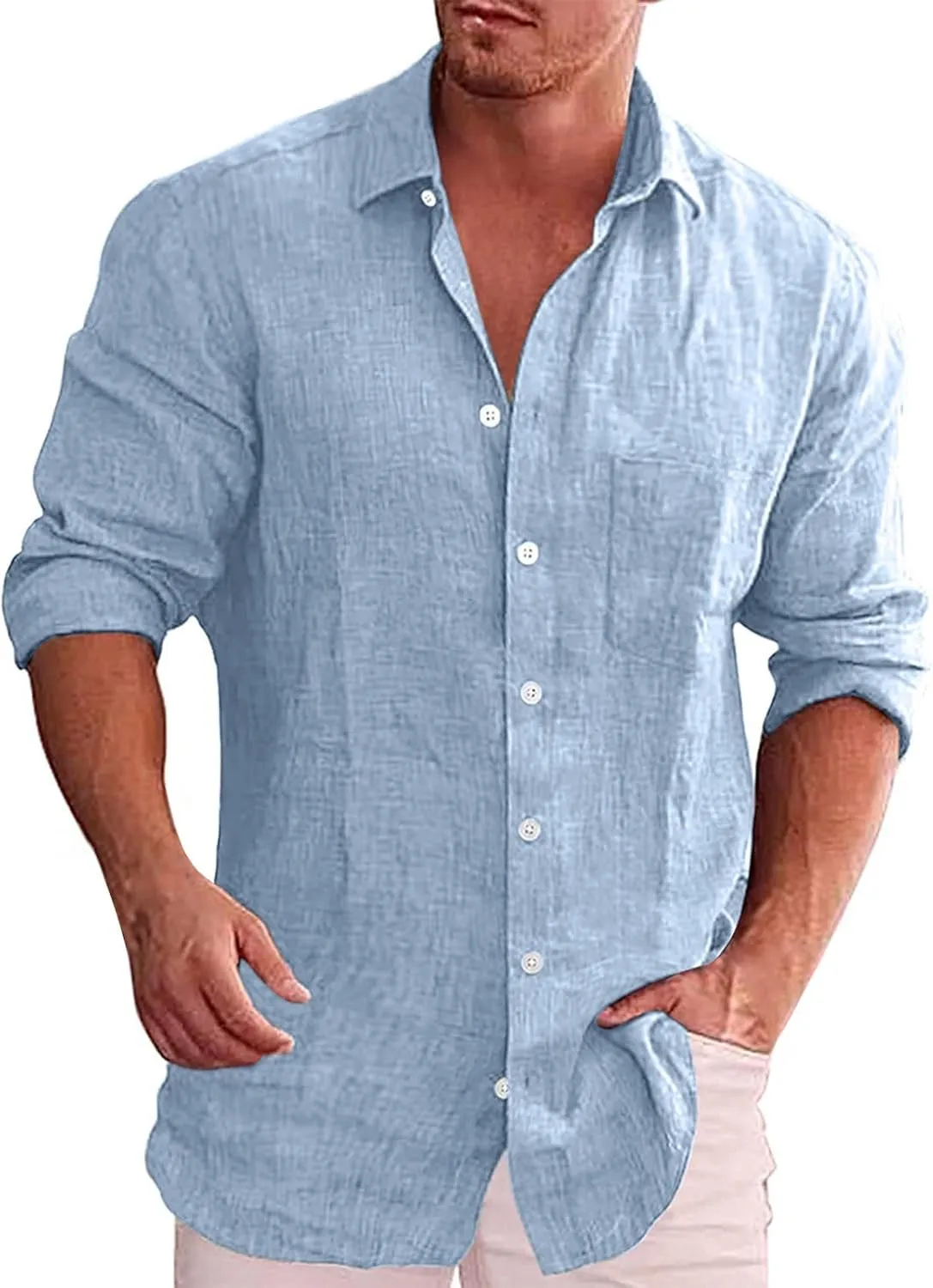 Mens Button Down Long Sleeve Shirts Summer Roll up Sleeves Party Hippie T-Shirts Linen Stylish Wedding Beach Tops