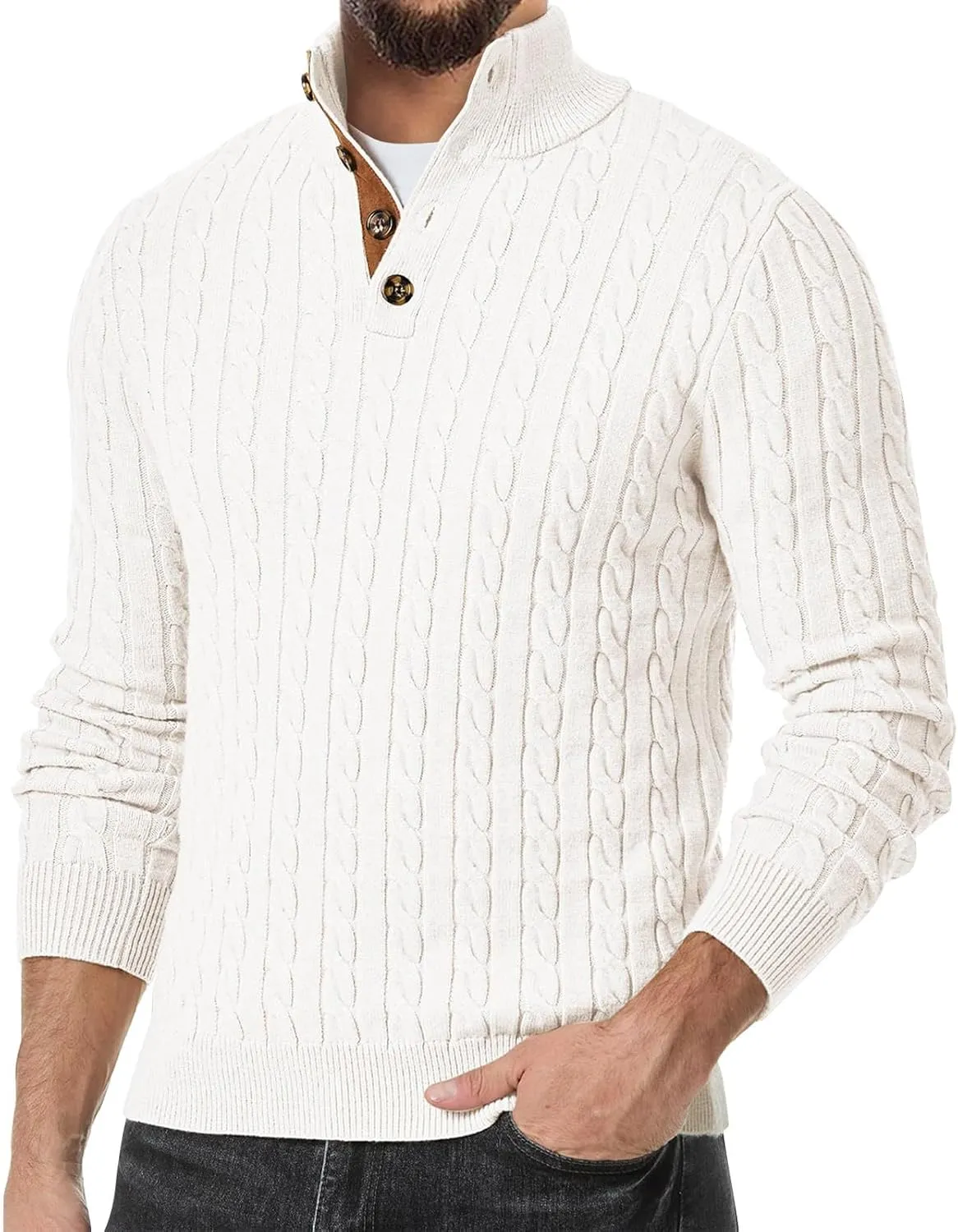 Men's Cable Knit Pullover Sweater Stand Collar Henley Button Long Sleeve Elbow Patch Knitted Sweaters