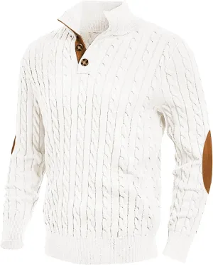 Men's Cable Knit Pullover Sweater Stand Collar Henley Button Long Sleeve Elbow Patch Knitted Sweaters