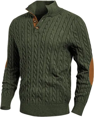 Men's Cable Knit Pullover Sweater Stand Collar Henley Button Long Sleeve Elbow Patch Knitted Sweaters