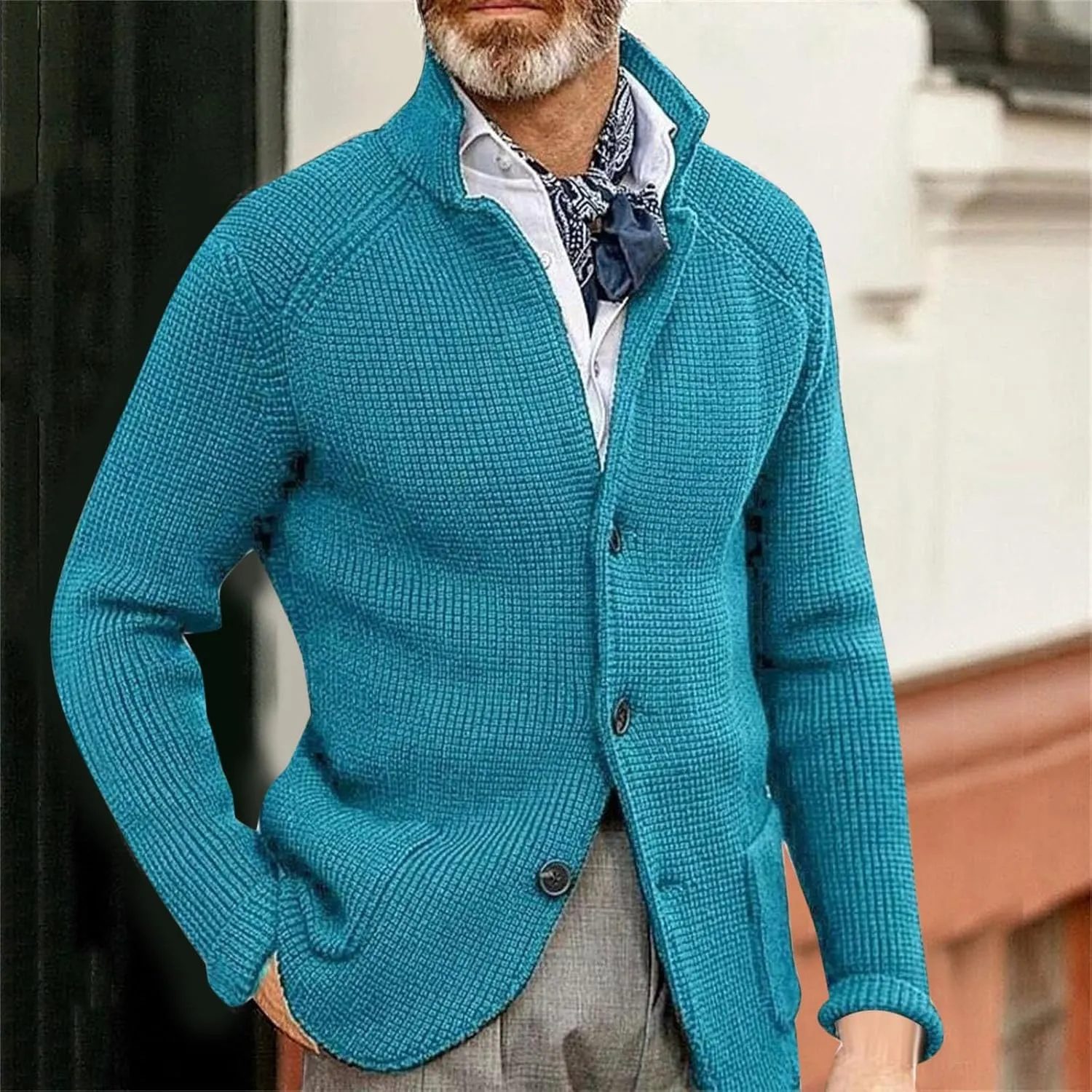 Mens Cardigan Sweater Mens Patchwork Wool Blended Shawl Collar Cardigan Sweater Button Down with Pockets