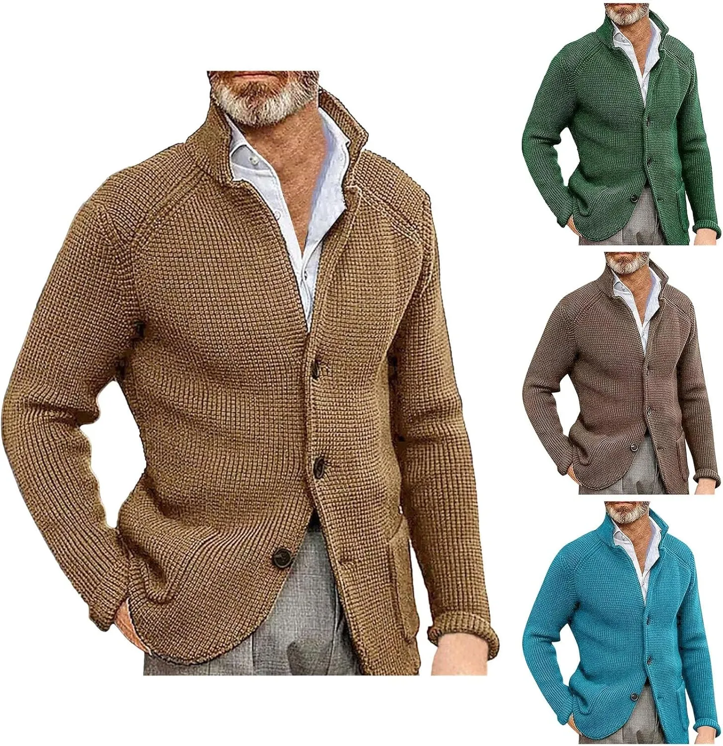 Mens Cardigan Sweater Mens Patchwork Wool Blended Shawl Collar Cardigan Sweater Button Down with Pockets