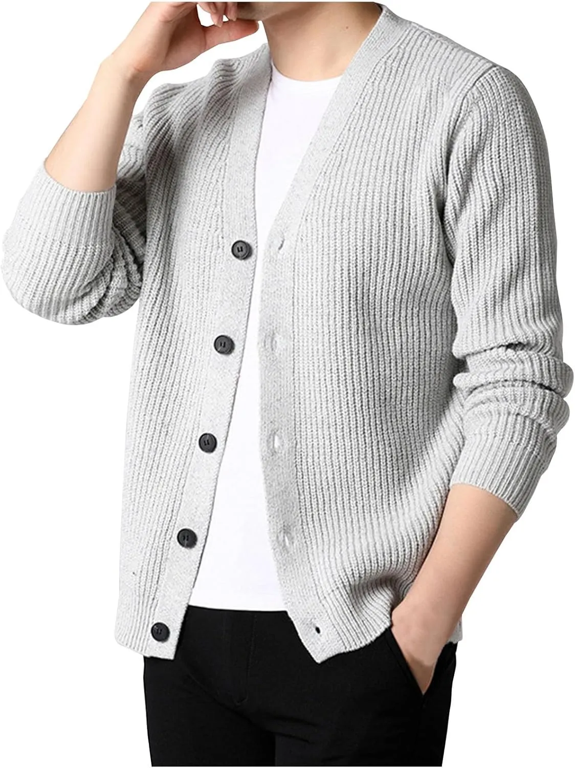 Men's Cardigan Sweaters Button Down Knit Sweater Textured V Neck Sweater Open Front Cardigan Casual Fall Tops
