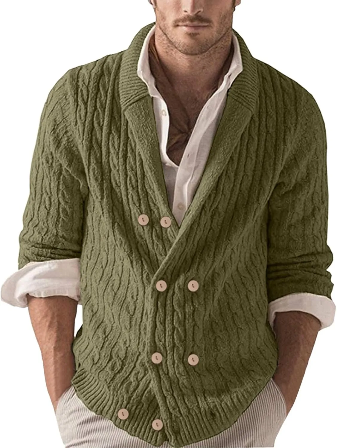 Mens Cardigan Sweaters with Buttons Men's Double Breasted Shawl Collar Cardigan Sweaters Long Sleeve Coat with Pockets