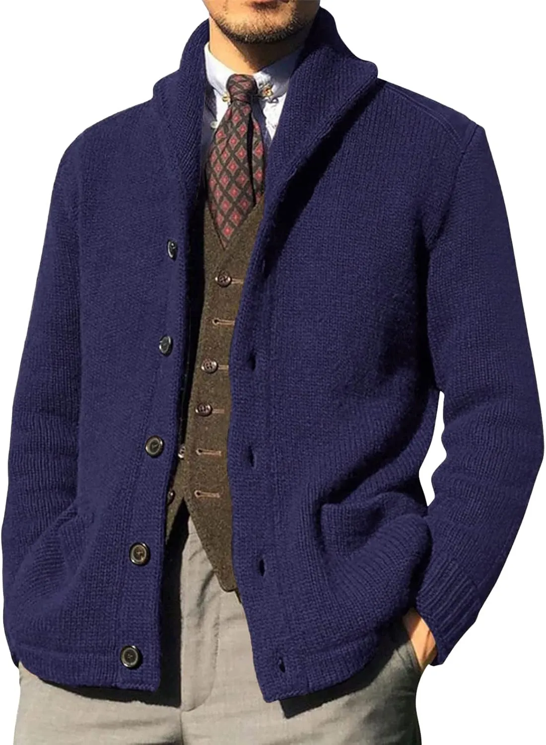 Men's Cardigan Sweaters,Mens Shawl Collar Cardigan Sweaters Button Down Cable Knitted Loose Fit Knitwear Open Front Sweaters