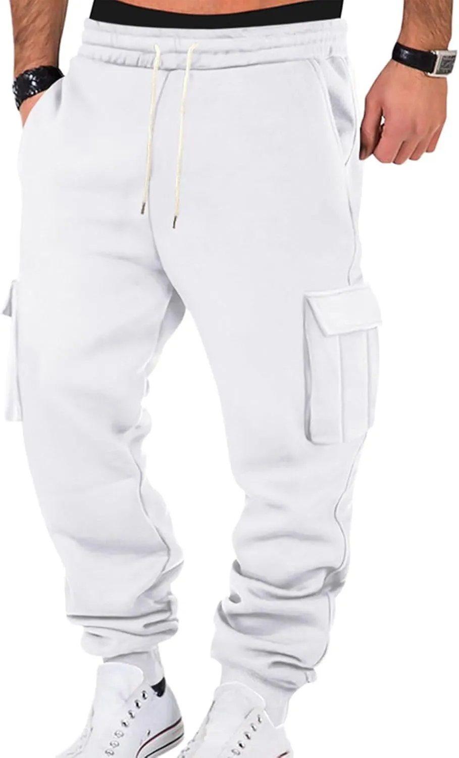 Mens Cargo Sweatpants Fleece Lined Joggers Drawstring Cargo Pants Heavyweight Elastic Waist Pants with Pockets