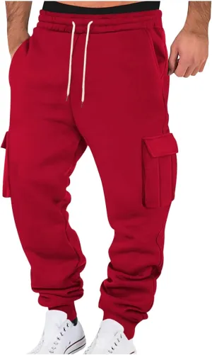 Mens Cargo Sweatpants Fleece Lined Joggers Drawstring Cargo Pants Heavyweight Elastic Waist Pants with Pockets