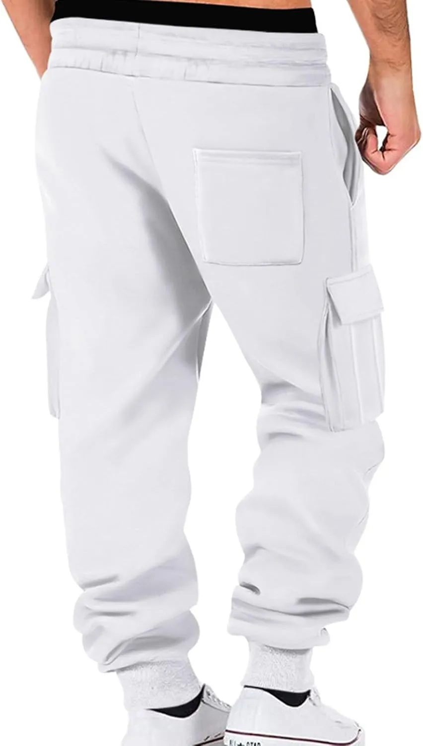 Mens Cargo Sweatpants Fleece Lined Joggers Drawstring Cargo Pants Heavyweight Elastic Waist Pants with Pockets