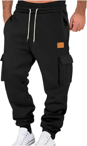 Mens Cargo Sweatpants Fleece Lined Joggers Drawstring Cargo Pants Heavyweight Elastic Waist Pants with Pockets