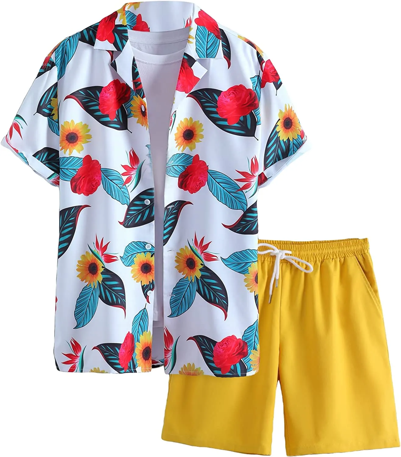 Men's Casual 2 Piece Lapel Neck Button Down Shirt and Shorts Set